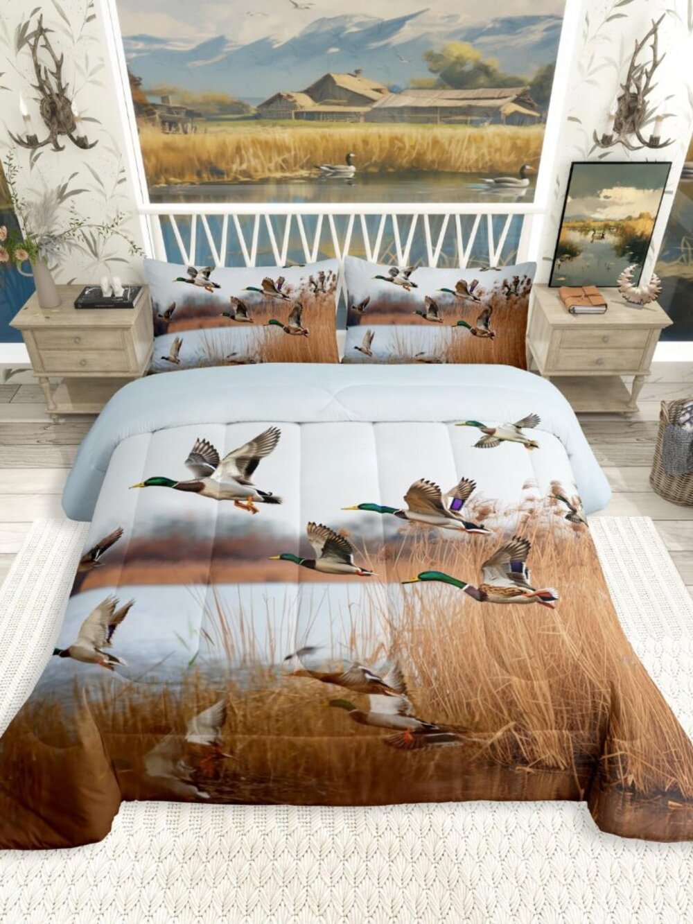 Duck Hunting Bedding Full Size,Mallard Duck Comforter Set Lodge Room Decor For M
